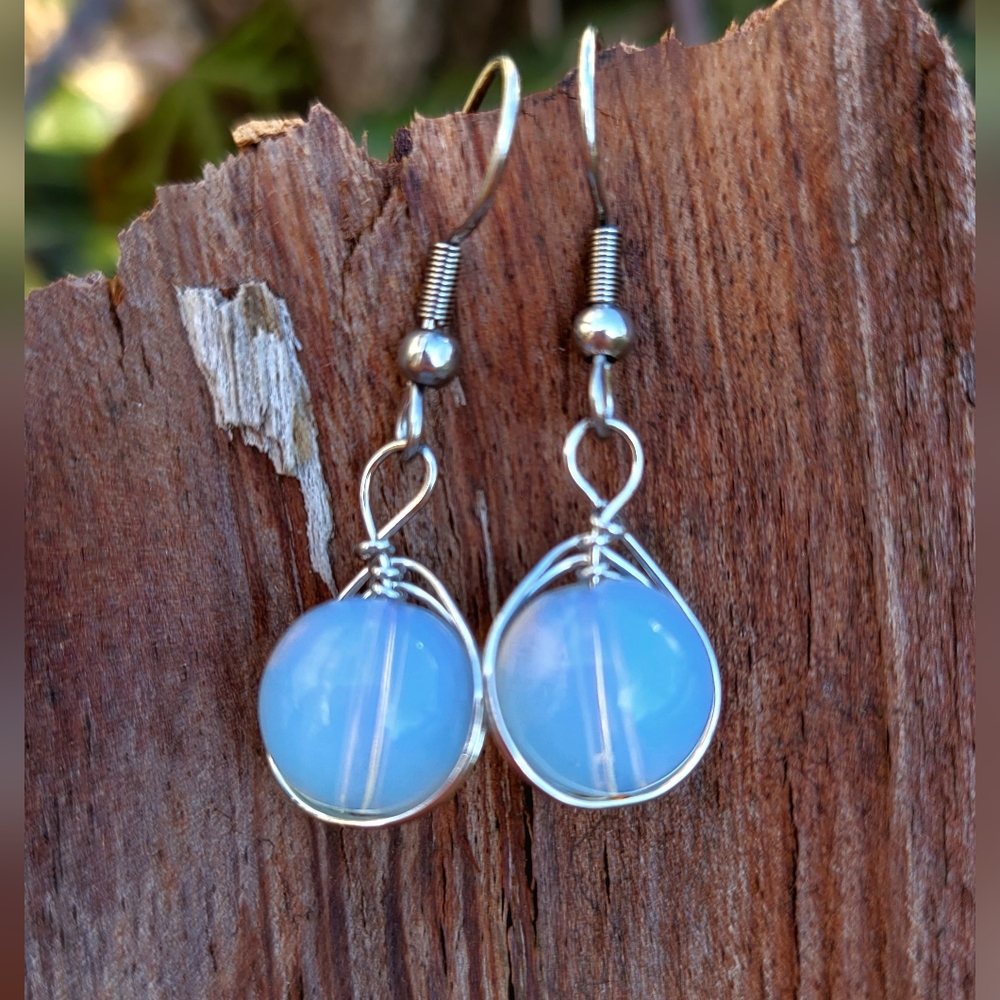 Wire Wrapped Opalite Stone Drop Earrings - Picture 2 of 5